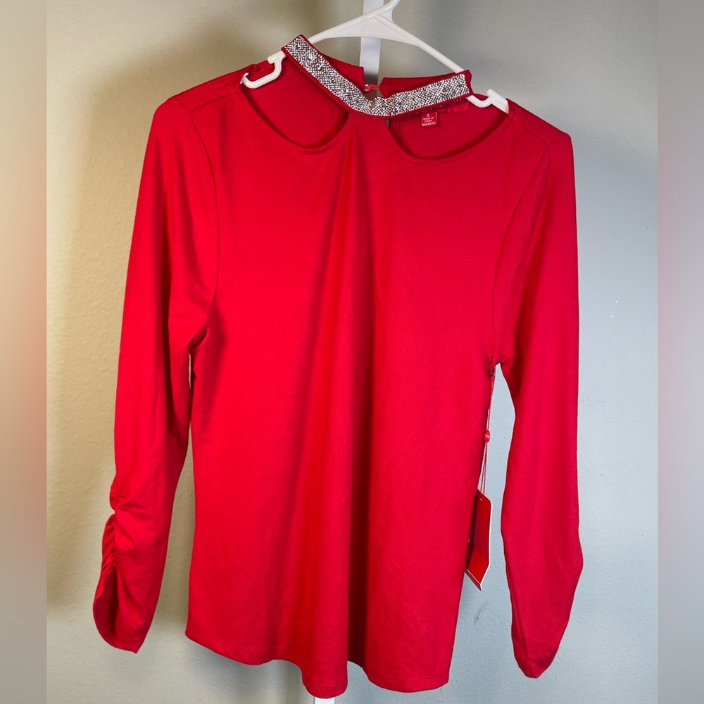 NEW Women's Small Red Long Sleeve Top Love for Humanity Couture Glam Feminine‎